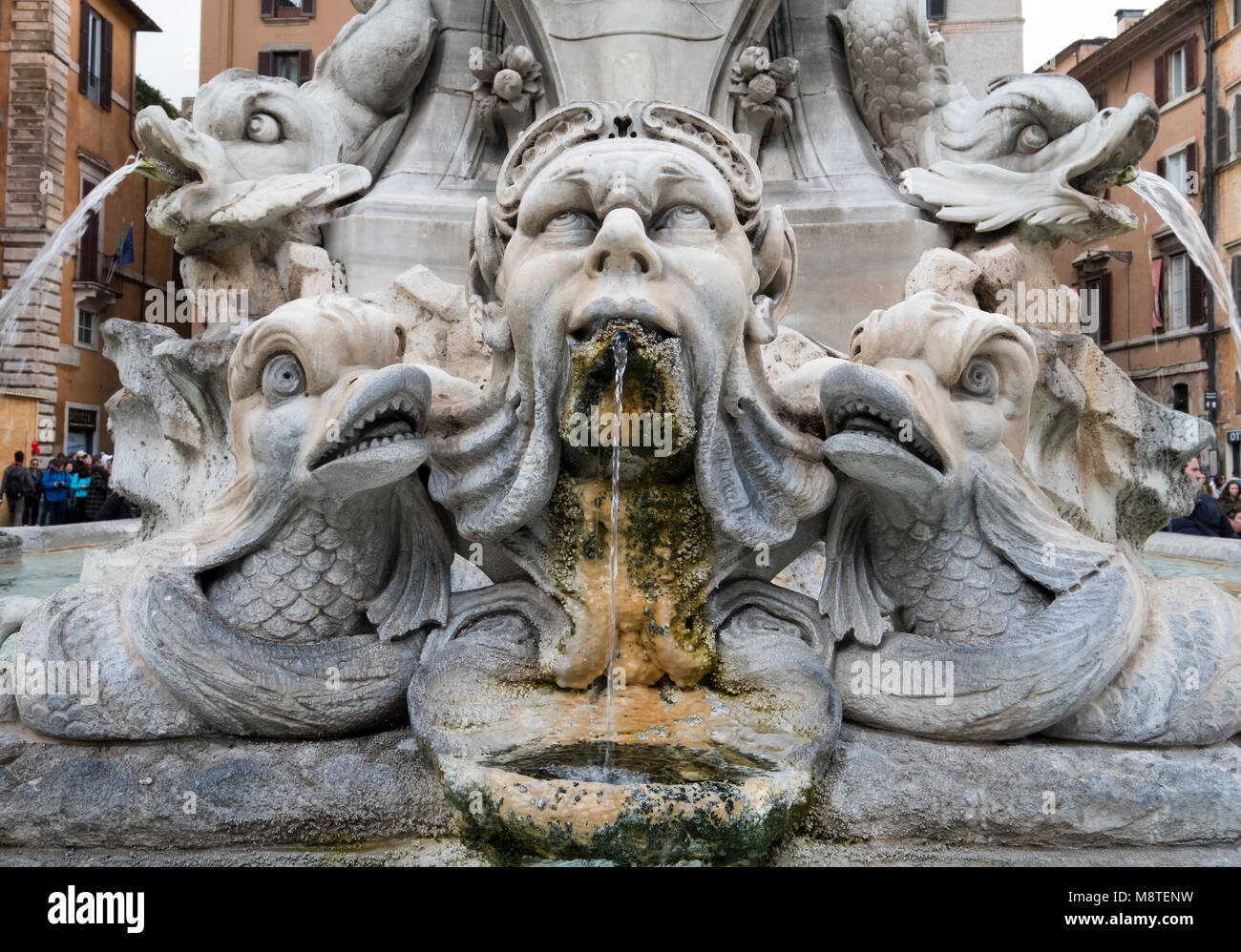 Rom, Italien. Detail des Brunnens Pantheon (1570) von Jacopo della Porta an der Piazza della Rotonda. Stockfoto