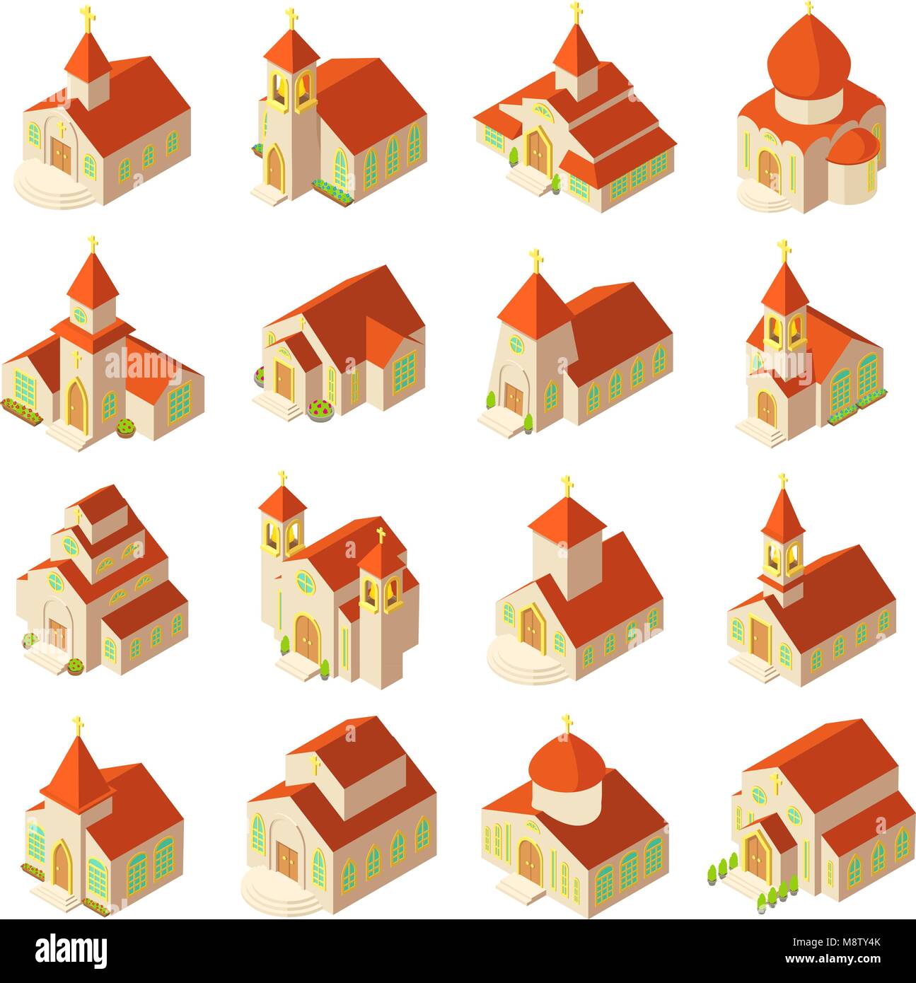 Kirche Symbole gesetzt, isometrische Stil Stock Vektor