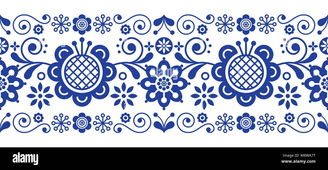 Scandinavian folk art retro Vektor lange Muster, florales Ornament in marine blau - nahtlose Streifen Streifen Stock Vektor