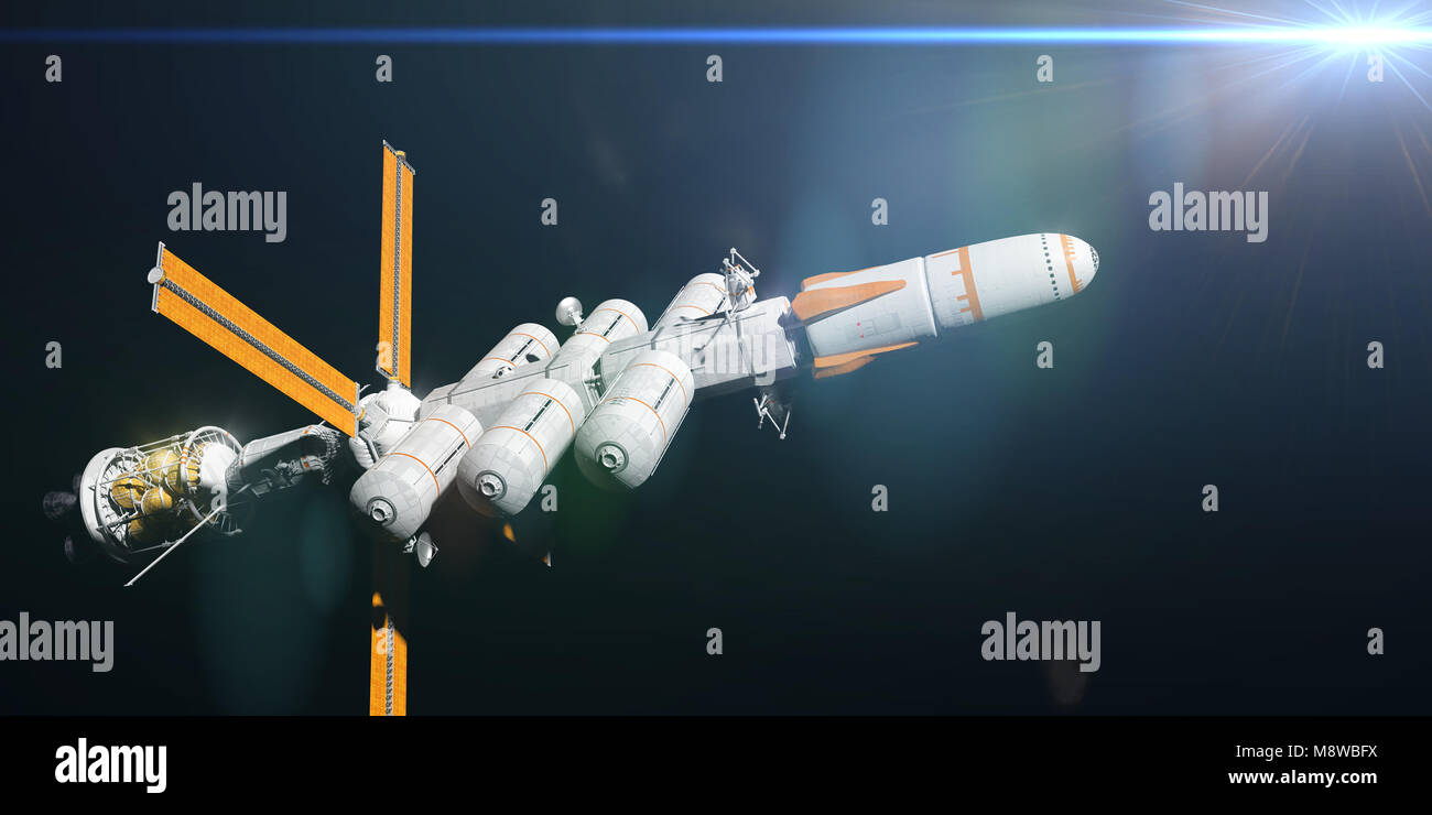 Space ship Expedition im Weltraum, modulare Sonde beleuchtet von einem Stern (3d-science fiction Abbildung) Stockfoto