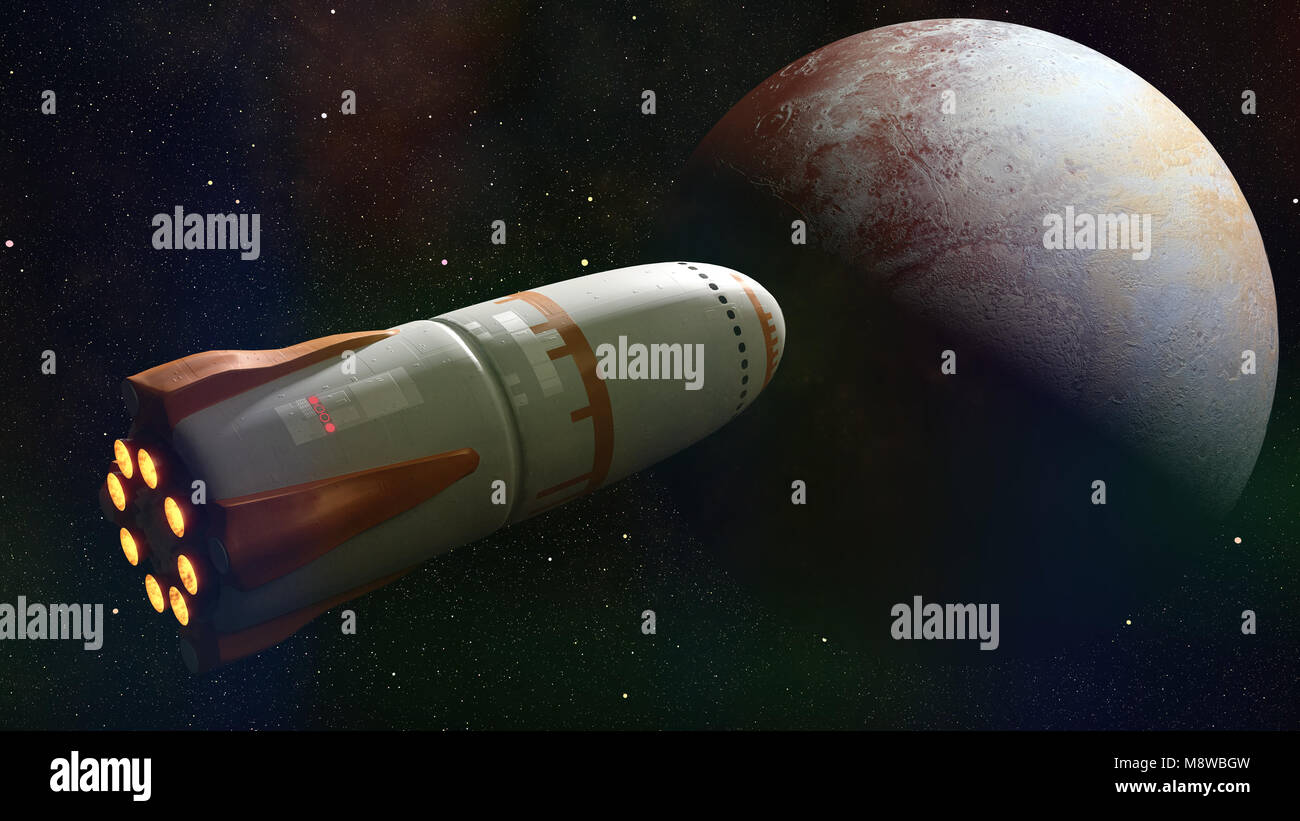 Futuristisch-Trägerrakete in die Umlaufbahn des Zwergplaneten Pluto, Raumschiff Mission im äußeren Sonnensystem (3d-science fiction Illustration, Elemente dieser imag Stockfoto