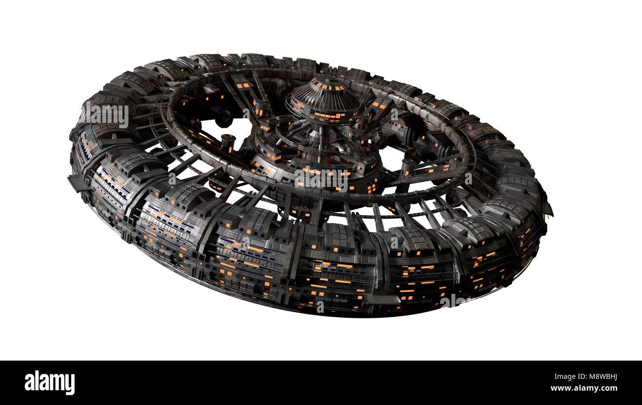 Futuristische Raumstation auf weißem Hintergrund, High detail Raumfahrzeuge (3d-science fiction Rendering) Stockfoto