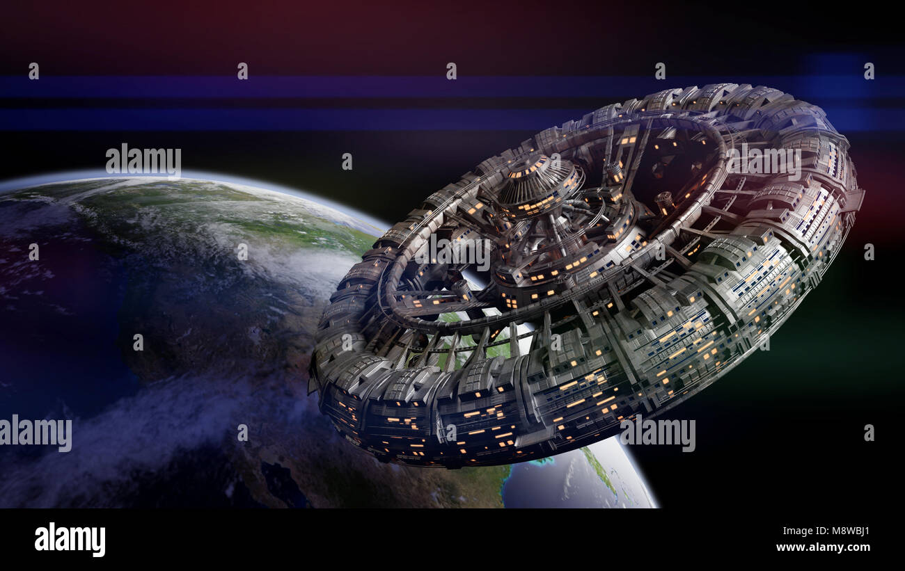 Futuristische Raumstation in der Umlaufbahn des Planeten Erde (3d-science fiction Rendering, Elemente dieses Bild von der NASA eingerichtet sind). Stockfoto