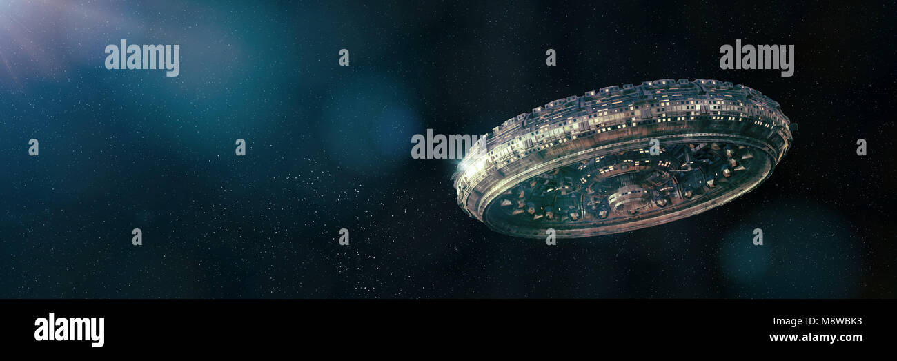 Space station leuchtet durch einen hellen Stern (3d-science fiction Illustration Banner) Stockfoto