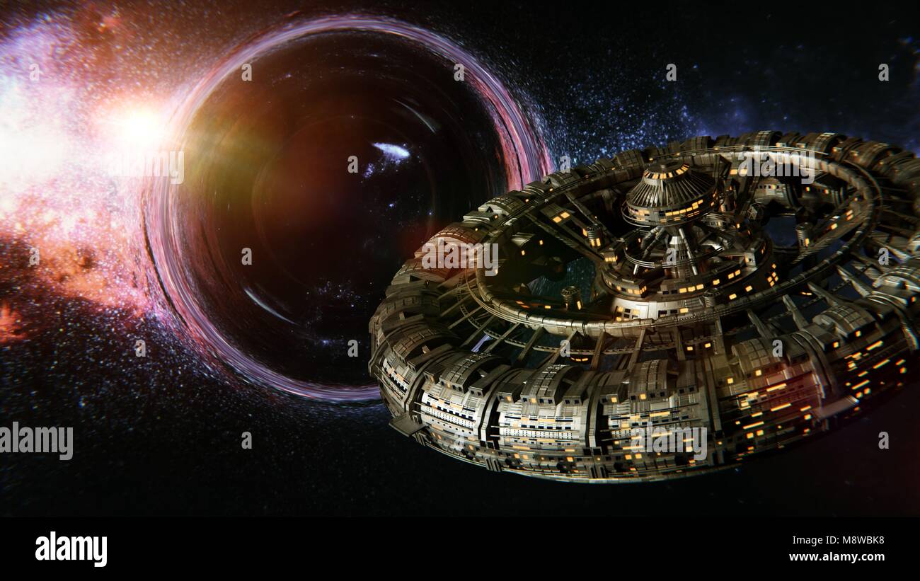 Raumstation im Orbit von einem riesigen Schwarzen Loch (3d-science fiction Abbildung) Stockfoto