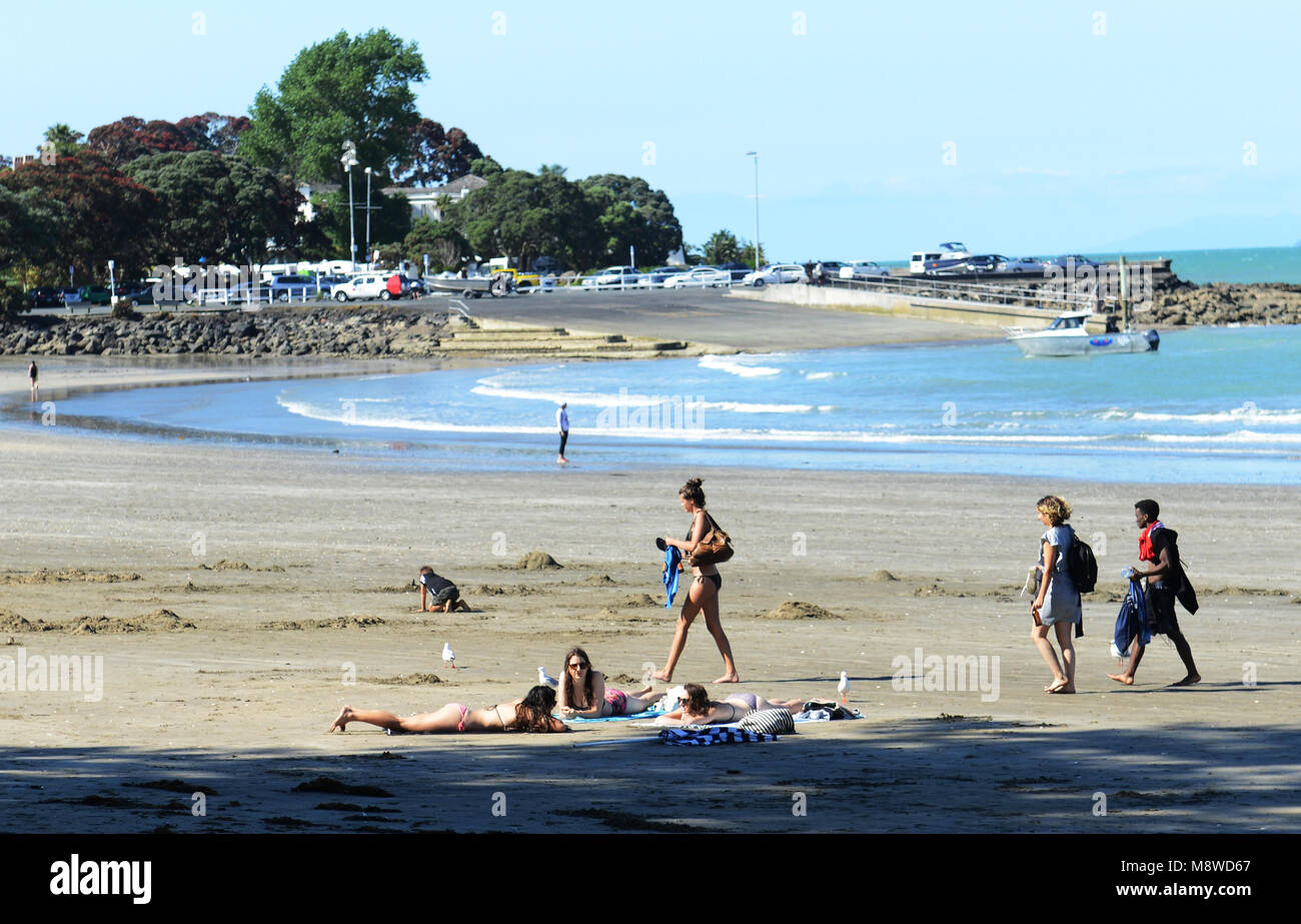 Sonnenbaden auf Takapuna Beach, Neuseeland. Stockfoto