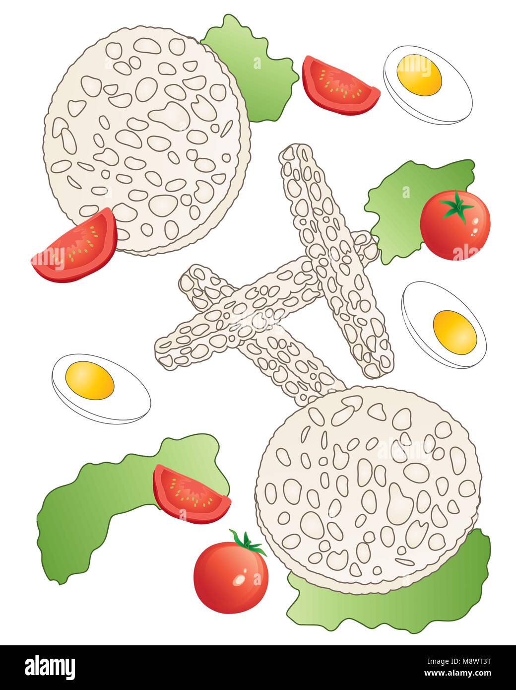 Ein Vektor Abbildung im EPS 10 Format für eine Diät Salat mit Reis kuchen Tomaten Salat und gekochtes Ei auf weißem Hintergrund Stock Vektor