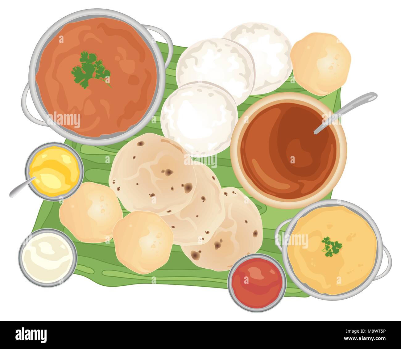 Ein Vektor Abbildung im EPS 10 Format eines traditionellen indischen Mahlzeit mit Curry und Brot auf einem Bananenblatt und weißem Hintergrund Stock Vektor