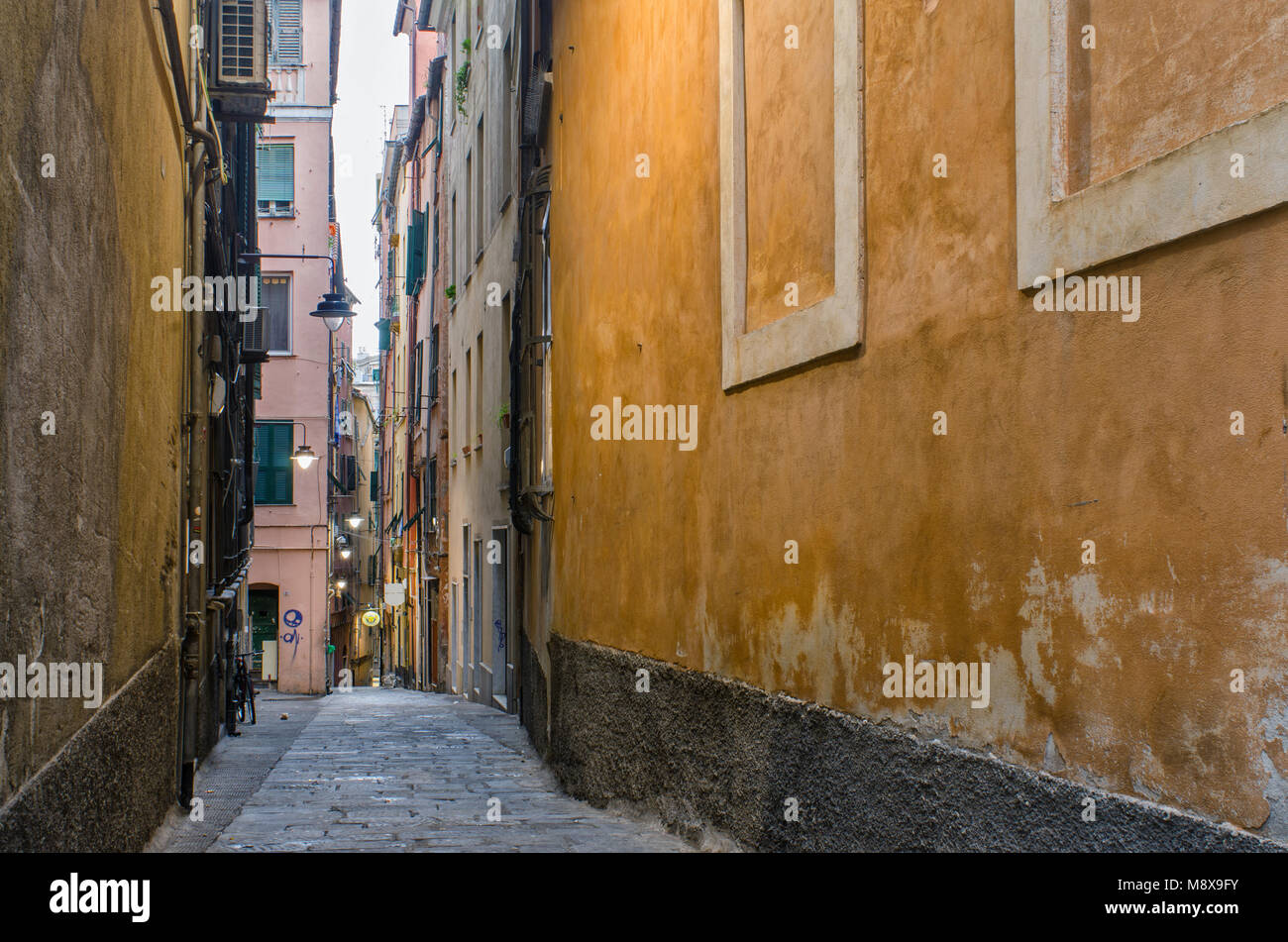 Blick entlang der Wände in der absteigenden Gasse von Vico Salvaghi in den alten Teil der Stadt Genua, eine eigene Welt Stockfoto