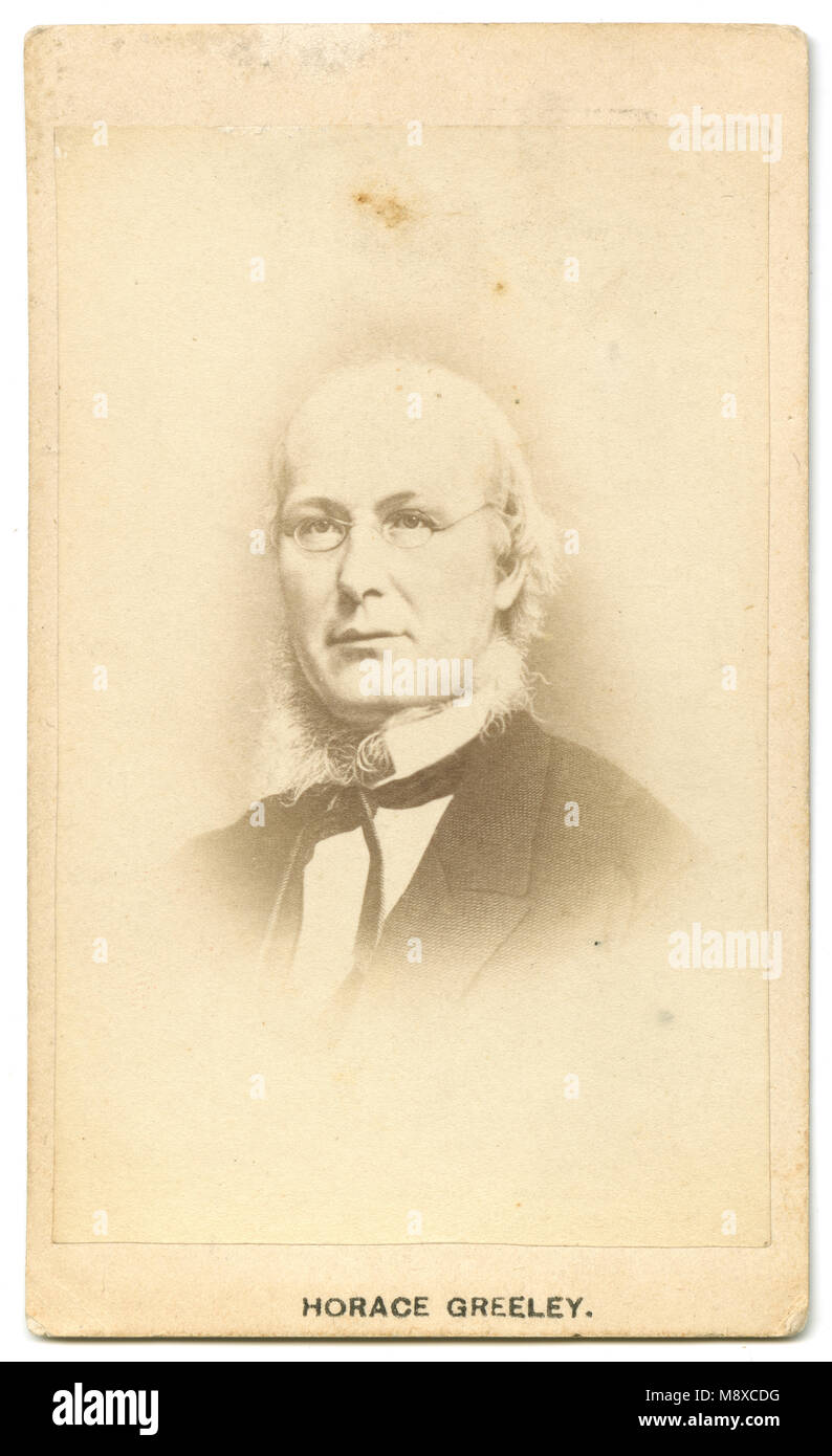 Antike c 1860 carte de visite, Horace Greeley. Horace Greeley (1811-1872) war der Begründer und Herausgeber der New York Tribune. Lange in der Politik aktiv, er diente kurz als Kongressabgeordneter aus New York. Quelle: ORIGINAL CDV Stockfoto