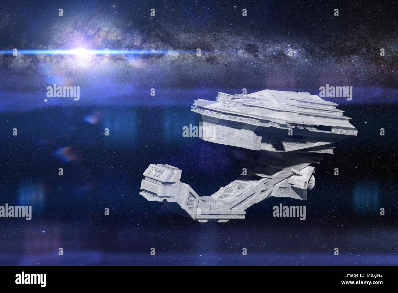 Futuristisches Raumschiff Reisen im Weltraum, detaillierte Raumschiff vor der Milchstraße fliegen (3d-science fiction Abbildung) Stockfoto