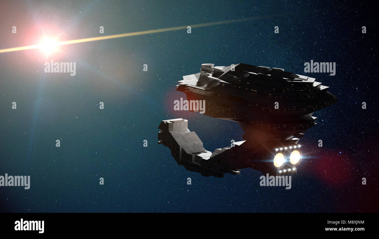 Futuristisches Raumschiff zu einem Stern in den Weltraum reisen, detaillierte Raumschiff fliegen zu einer fremden Welt (3d-science fiction Abbildung) Stockfoto