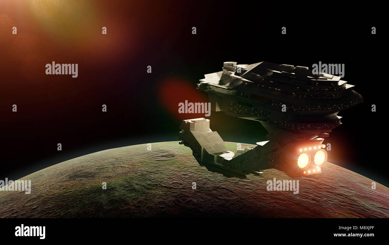 Futuristisches Raumschiff nähert sich ein exoplanet, sehr detaillierte Raumschiff auf einem fremden Planeten (3d-science fiction space Abbildung) Stockfoto