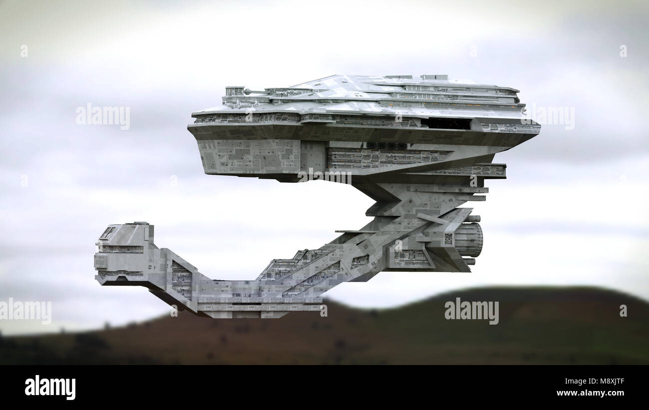 Futuristisches Raumschiff über eine Landschaft fliegen (3d-science fiction space Abbildung) Stockfoto