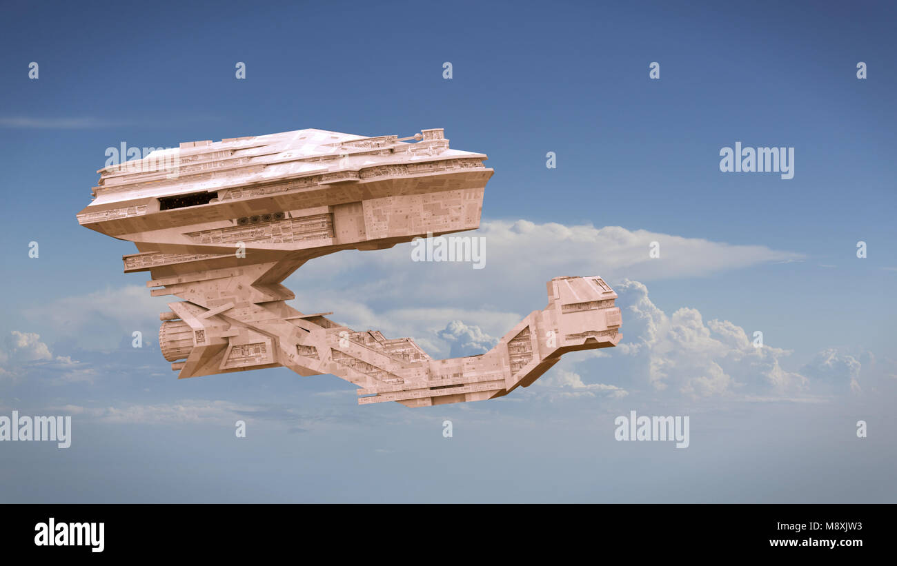Futuristisches Raumschiff fliegen Fliegen durch einen Planeten Atmosphäre (3d-science fiction space Rendern) Stockfoto