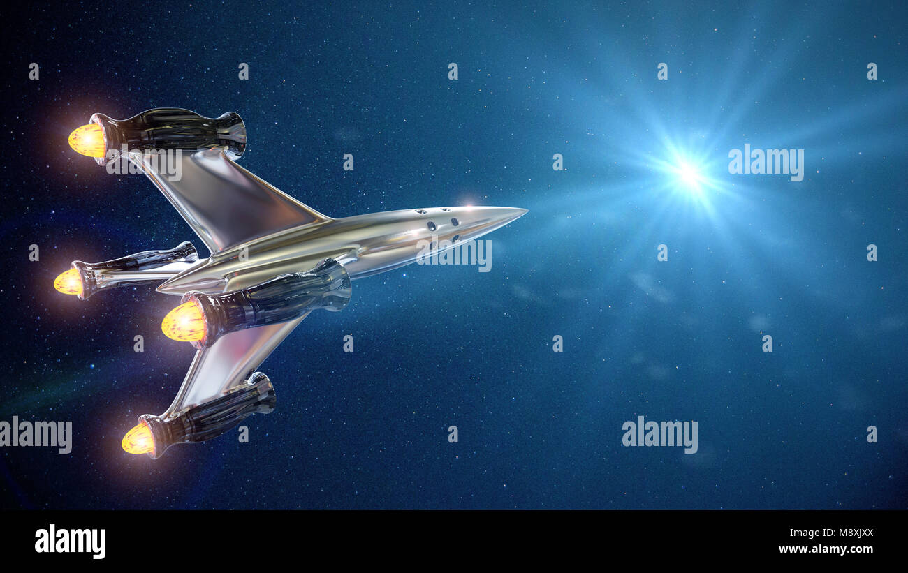 Raumschiff vor der Sterne, Rakete in den Weltraum (3d-science fiction Rendern) Stockfoto