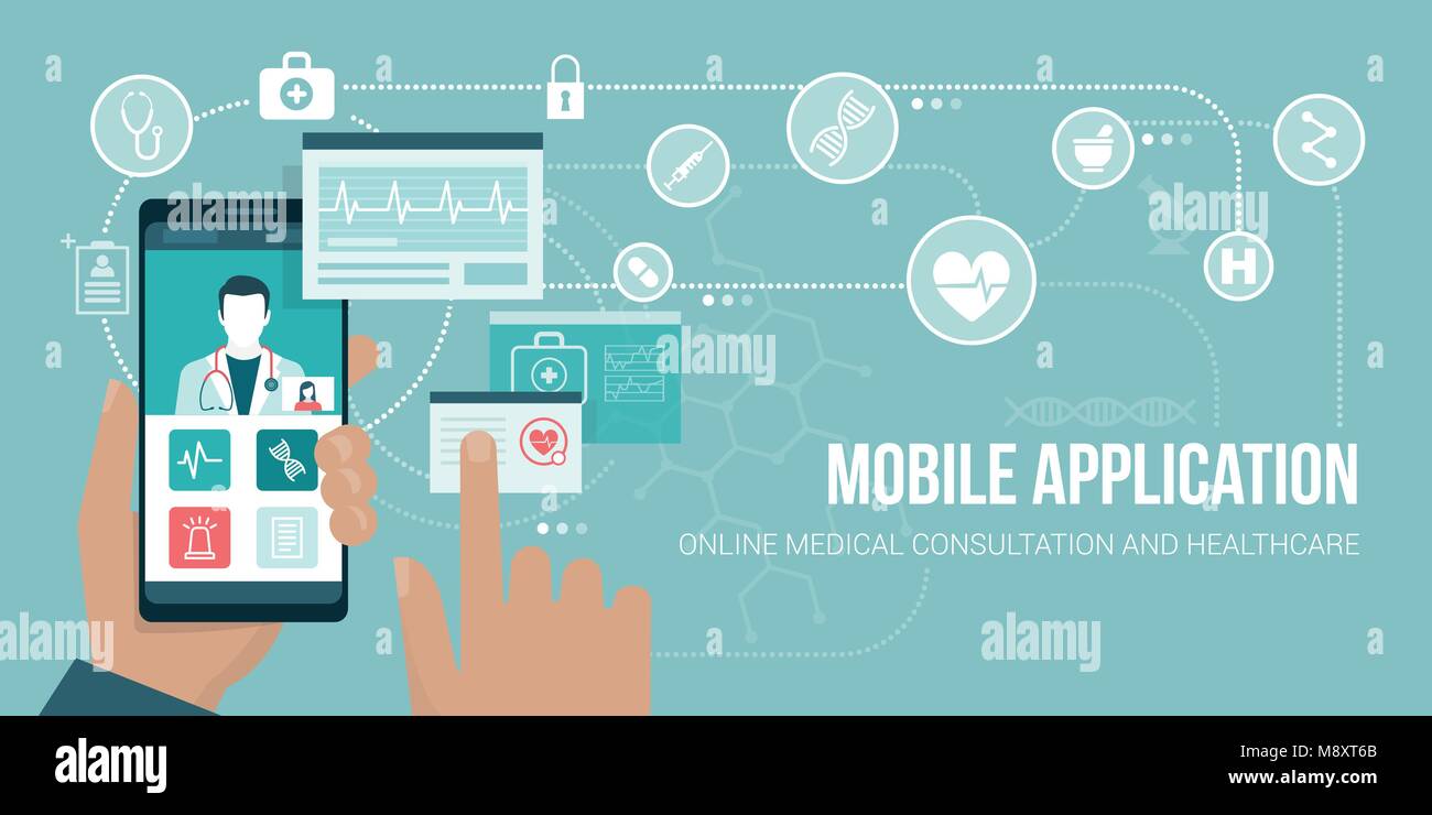 Gesundheitswesen und Medizinische beratung App auf einem Smartphone, der Benutzer ist videocalling ein Arzt und die gemeinsame Nutzung von medizinischen Aufzeichnungen Stock Vektor