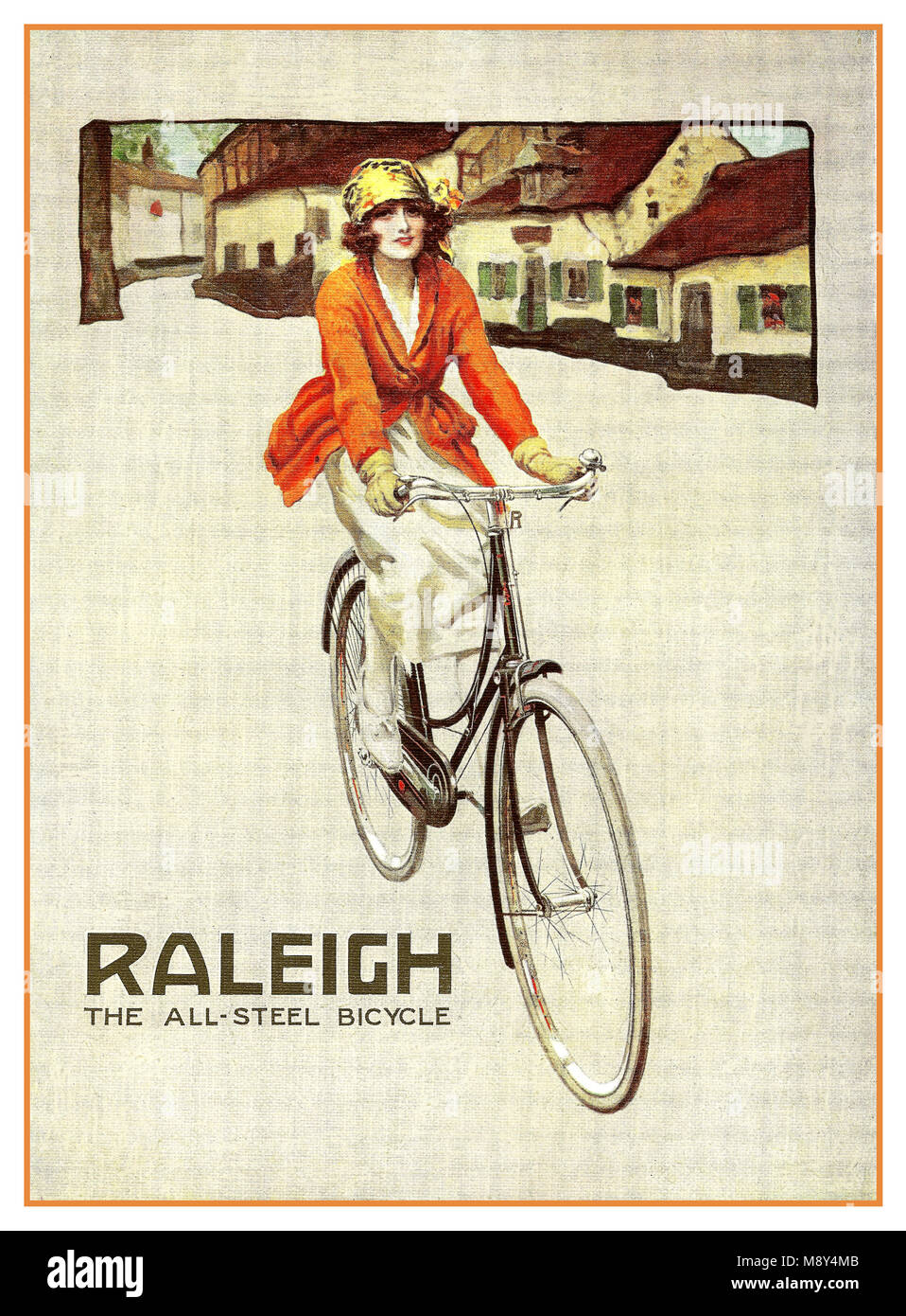 Jahrgang 1900 Raleigh Alle Stahl Fahrrad Plakatwerbung. Eine charmante ad für Raleigh's Werbeslogan - Raleigh die alle - Stahl Fahrrad - zuerst im Jahr 1890 eingeführt und seit Jahrzehnten verwendet. Eine stilvolle Frau reitet auf der Straße von einem charmanten kleinen ländlichen britische Stadt auf ihrem klassischen Raleigh bike Stockfoto