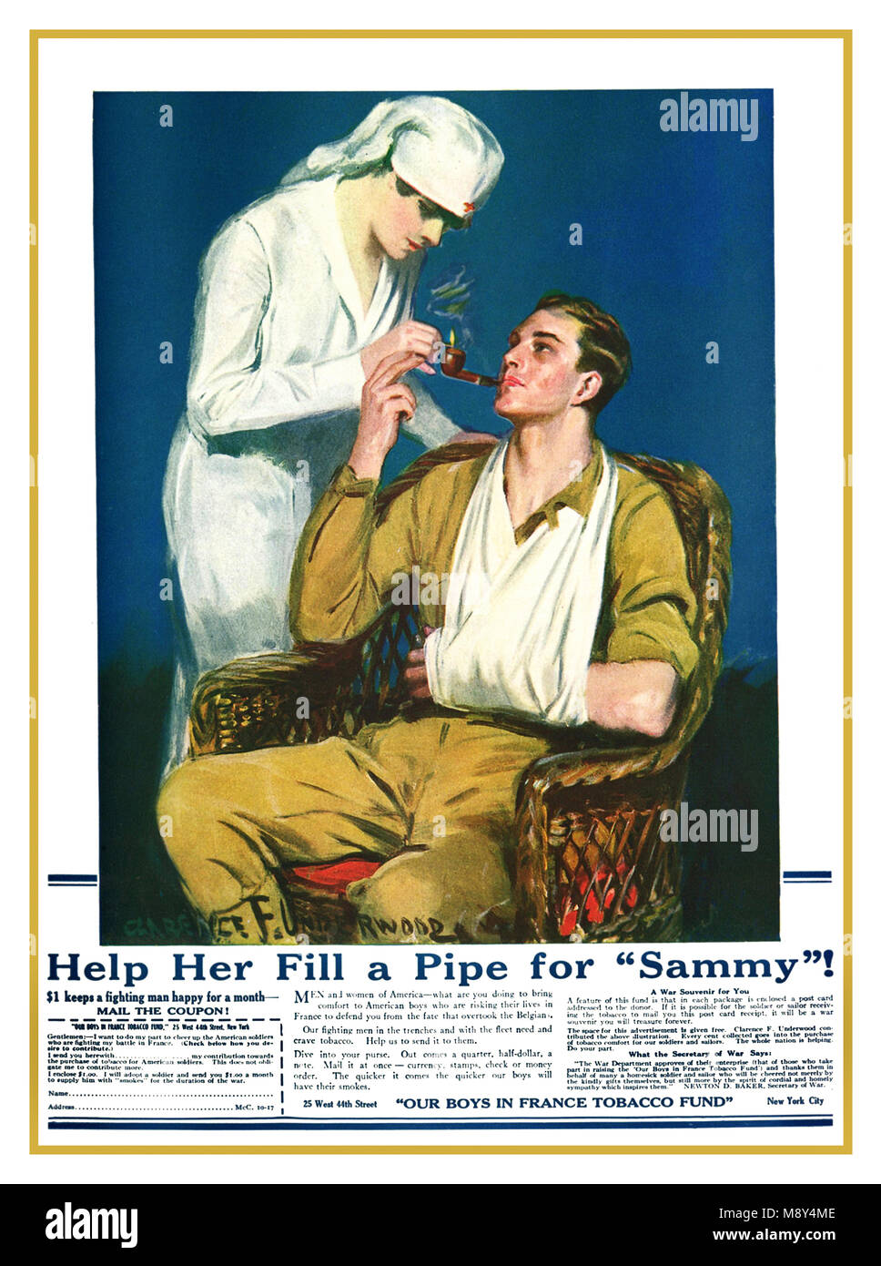 Vintage WW1 American Fund Raising Propaganda Poster' helfen Sie füllen ein Rohr für Sammy', wo die Notwendigkeit für Männer an der französischen Front Tabak zu haben, war eine wirkliche Priorität. Die Krankenschwester ist gezeigt, den verwundeten Soldaten, so dass er seine Pfeife mit Entspannen Stockfoto