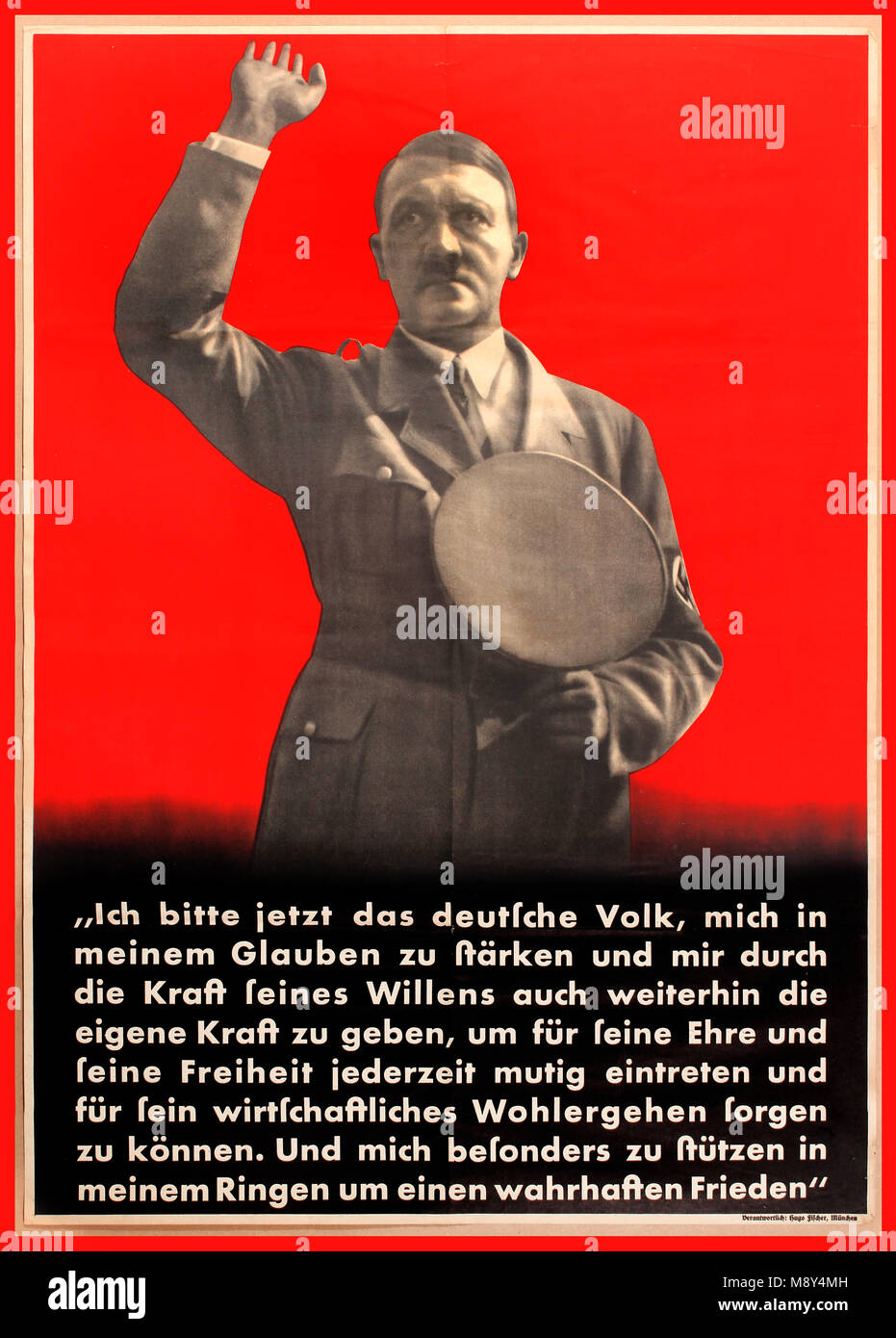 Jahrgang 1930 Die NS-Propaganda Poster mit Adolf Hitler dem deutschen Volk fordern, in ihm zu glauben, zu wahrer Freiheit gewinnen ansprechend... Stockfoto