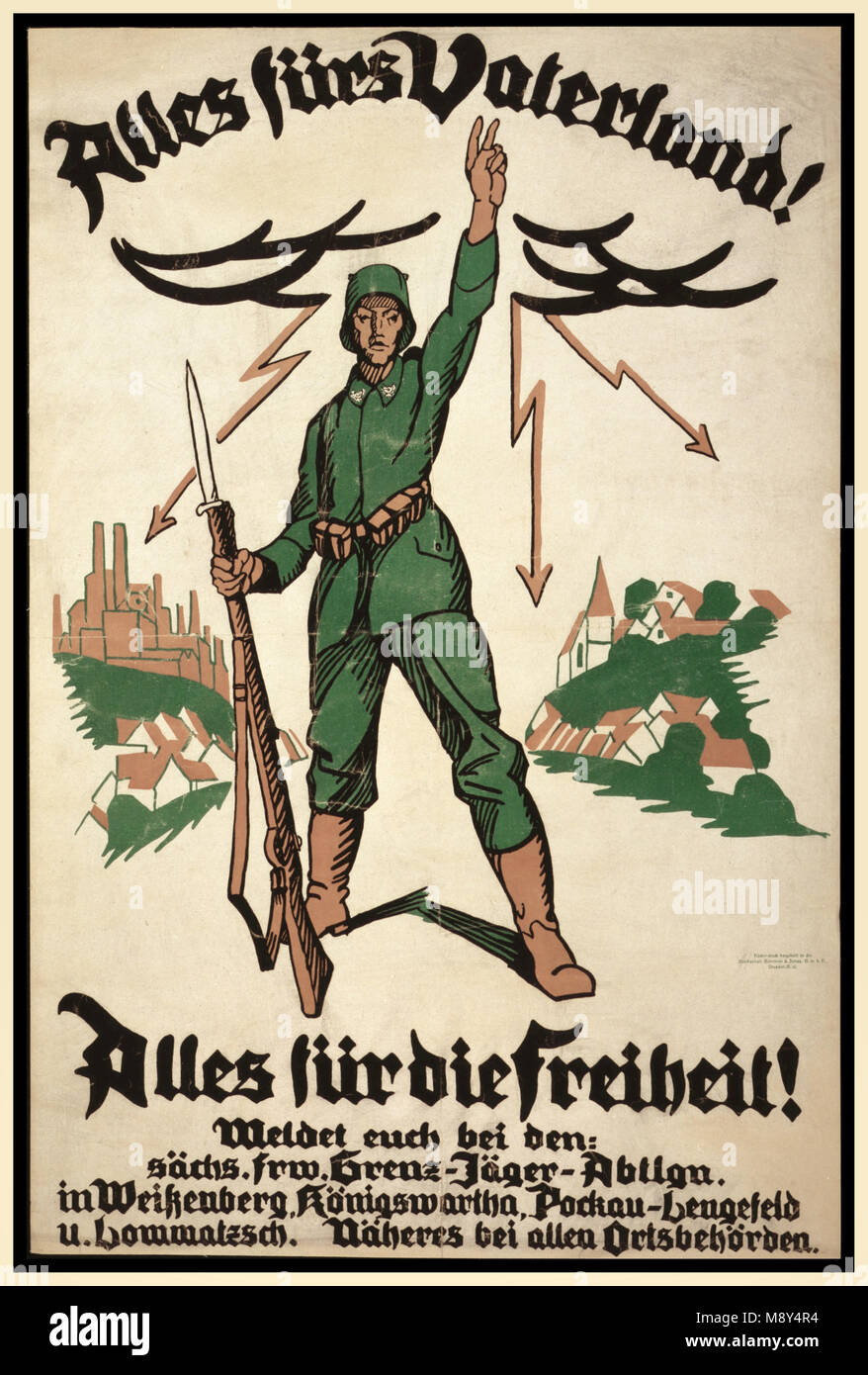 WW1 1914 deutsche Kriegspropaganda Poster' ist für das Vaterland'' Alle ist für die Freiheit" mit infanterie Soldat mit Gewehr und Bajonett gegen ein halcyon Dorf Hintergrund Stockfoto