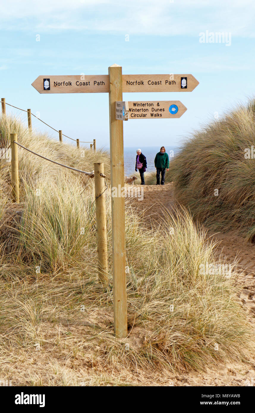 Ein Schild für die Norfolk Coast Path durch Zugang zum Strand durch die Dünen bei Winterton-on-Sea, Norfolk, England, Vereinigtes Königreich, Europa. Stockfoto
