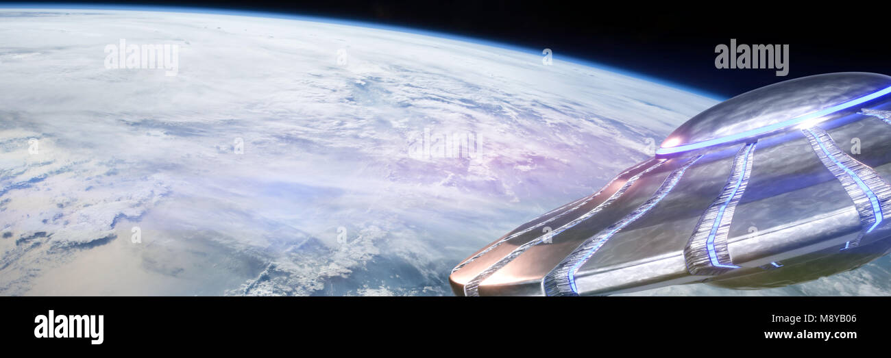 UFO, außerirdisches Raumschiff in der Umlaufbahn des Planeten Erde, die außerirdischen Besucher aus dem Weltraum in fliegende Untertasse (3d-science fiction Abbildung: Banner, el Stockfoto