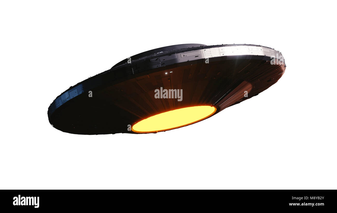 UFO, außerirdisches Raumschiff mit Außerirdischen Besucher, fliegende Untertasse aus dem Weltraum (3-d-science fiction Abbildung auf weißem Hintergrund) Stockfoto