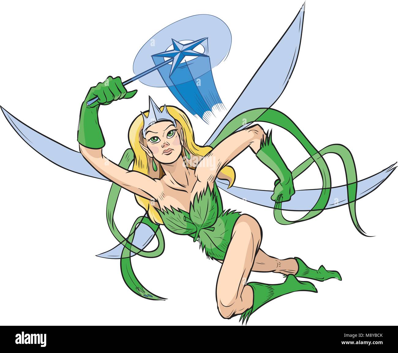 Vektor cartoon Clipart Illustration eines weiblichen Superhelden mit einem Waldgebiet Fee Prinzessin Thema mit einer Krone, Stern Zauberstab, und Flügeln. Gezeichnet ich Stock Vektor