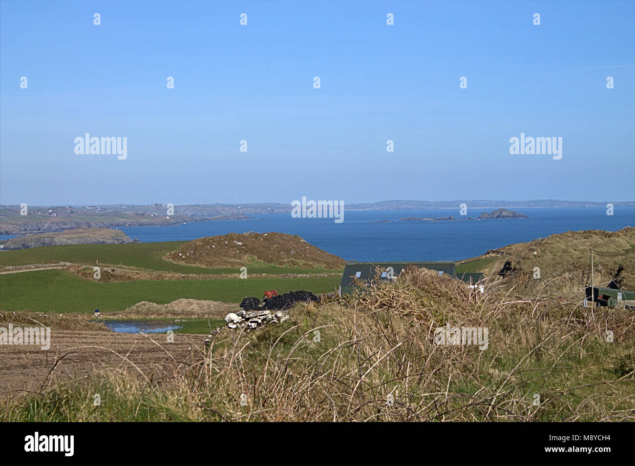 Blick über die irische Küste und die umliegende Landschaft von West Cork, Irland aus dem alten Aussichtsturm toe Kopf. Stockfoto