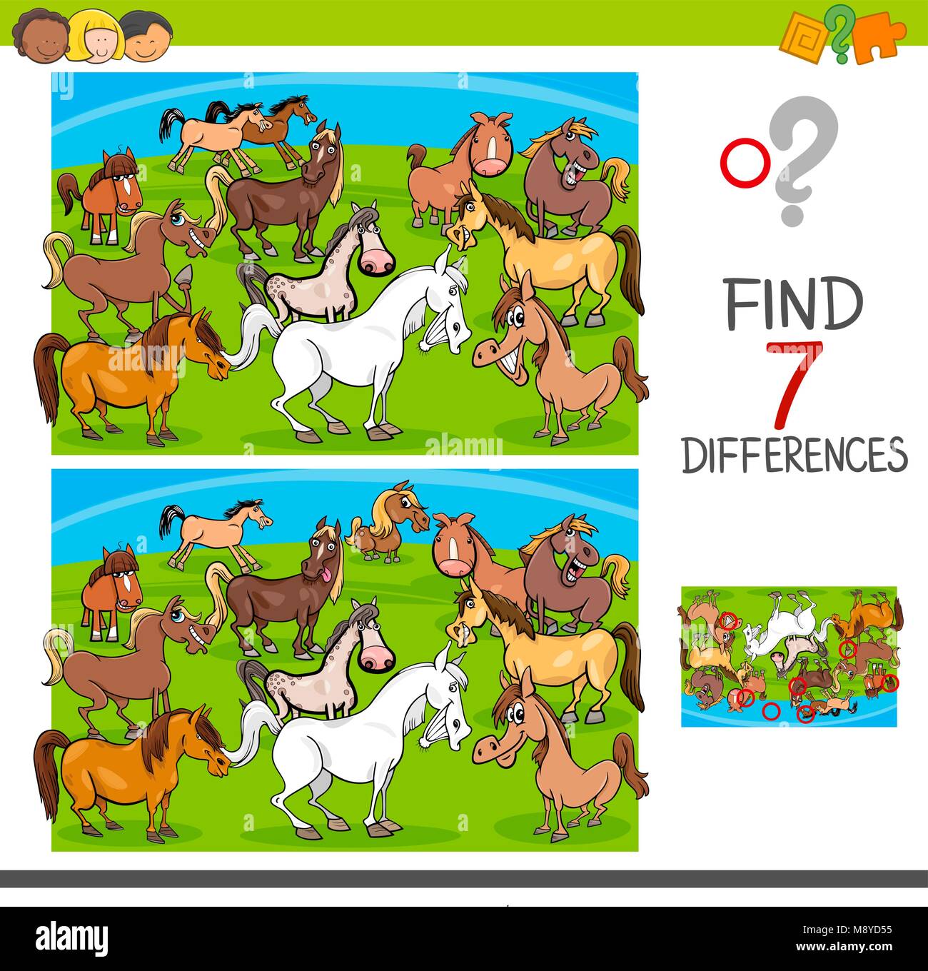 Cartoon Illustration des Findens Sieben Unterschiede zwischen Bilder pädagogische Tätigkeit Spiel für Kinder mit Pferden Farm Animal Zeichen Gruppe Stock Vektor