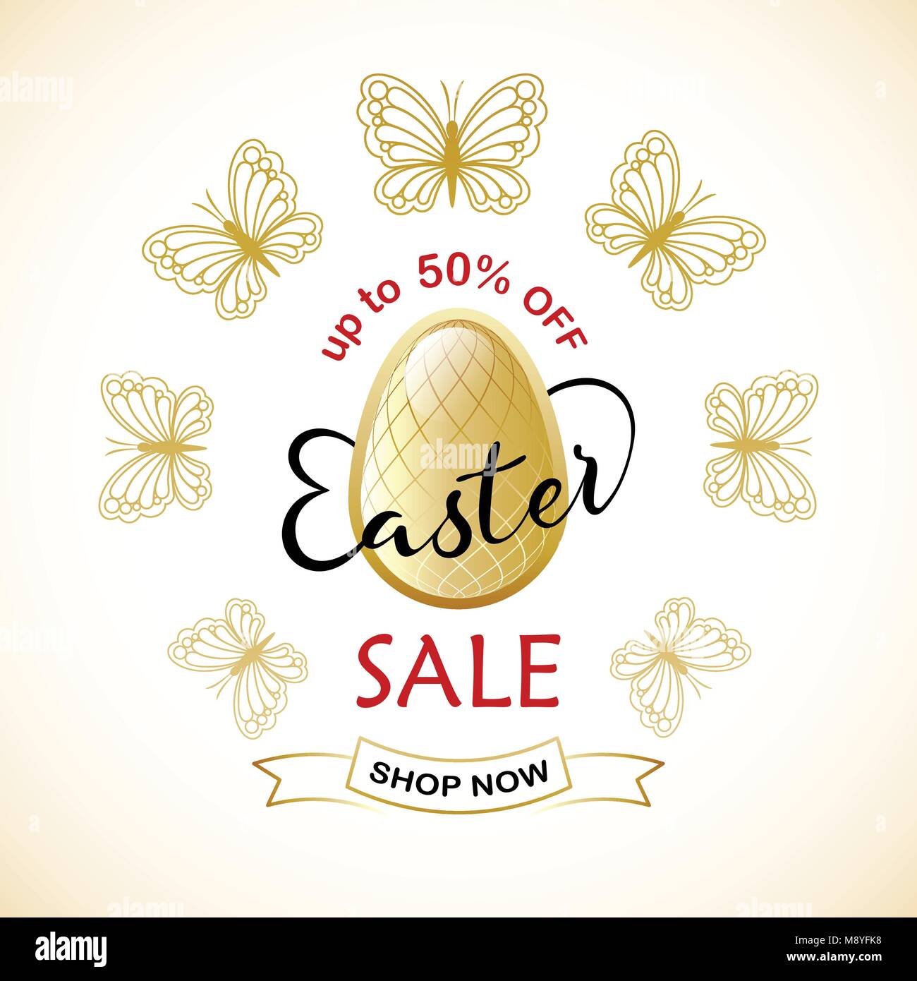 Ostern Verkauf. Elegante Banner, Flyer, Hintergrund mit goldenen Schmetterlinge, Osterei und Vertrieb Text. Vector Illustration. Stock Vektor