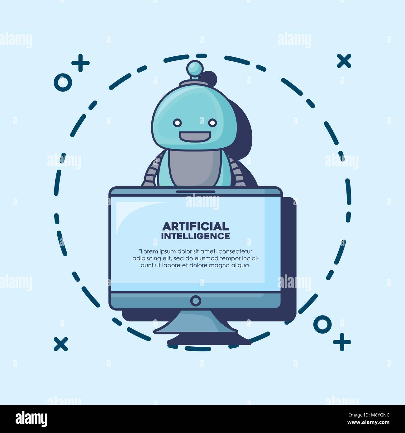 Künstliche Intelligenz Design mit cartoon Roboter und Computer Symbol ...