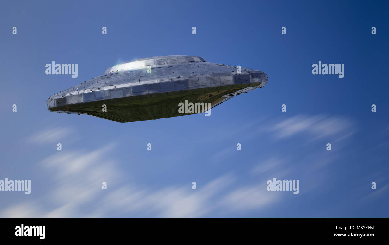 UFO, science fiction Szene mit außerirdischen Raumschiff, Besucher in fliegende Untertasse (3D-Rendering) Stockfoto