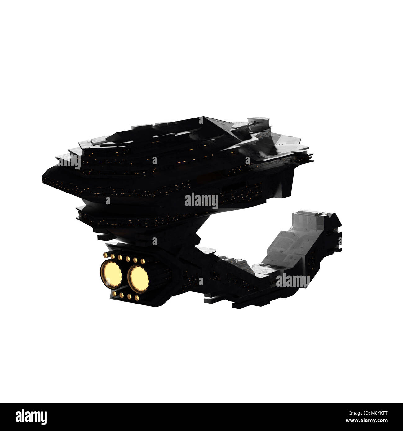 Raumschiff, riesig und sehr detaillierte Starship Reisen im Raum (3d-science fiction Rendern auf weißem Hintergrund) Stockfoto