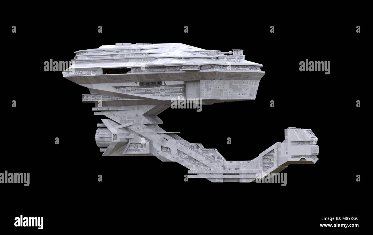 Raumschiff, sehr detaillierte Starship Reisen im Raum (3d-science fiction Rendern auf schwarzem Hintergrund isoliert) Stockfoto