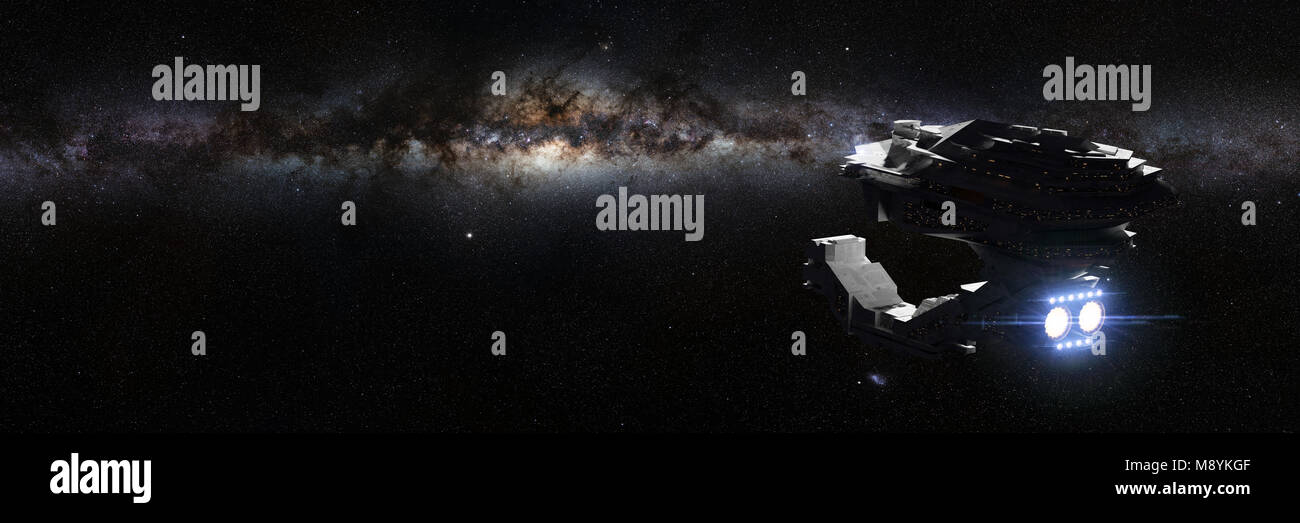 Futuristisches Raumschiff Reisen im Weltraum, detaillierte Raumschiff fliegen, um die Milchstraße (3d-science fiction Illustration Banner) Stockfoto