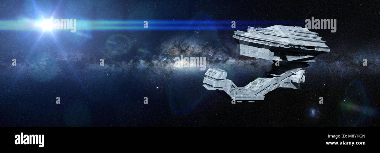 Futuristisches Raumschiff Reisen im Weltraum, detaillierte Raumschiff fliegen in den Weltraum (3d-science fiction Illustration Banner) Stockfoto
