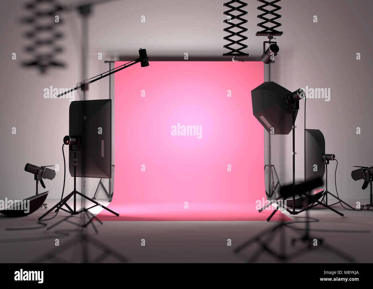 Mode Fotografie studio leeren Hintergrund mit Studio Equipment. 3D-Darstellung. Stockfoto