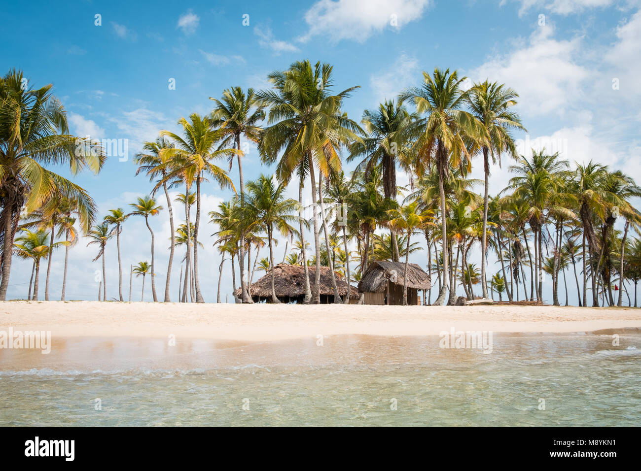 Beach Bungalow auf der kleinen Insel mit Palmen - Tropisches Inselparadies mit einsamen Strand Stockfoto