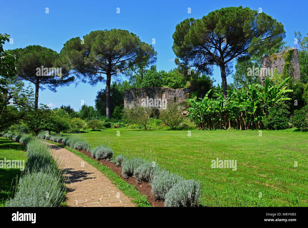 Garten von Ninfa - ein Naturdenkmal mit mittelalterlichen Ruinen in Stein, Blumen Park und ein ehrfürchtiges Torrent mit wenig fallen. Provinz Latina, Italien Stockfoto