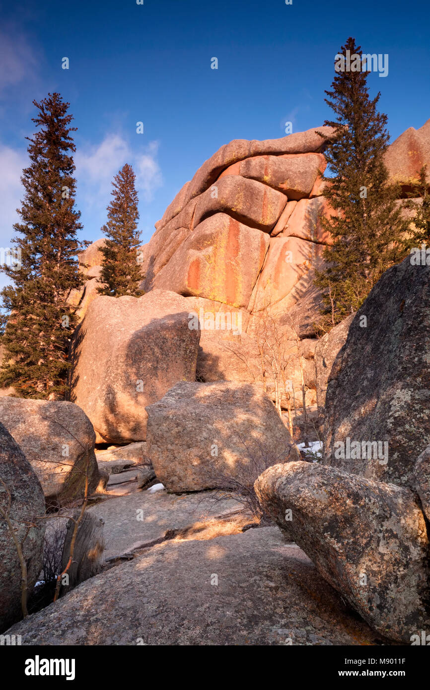 Granitfelsen am Vadauwoo Recreation Area, in der Medizin Bug National Forest, Albany County, Wyoming, USA. Stockfoto