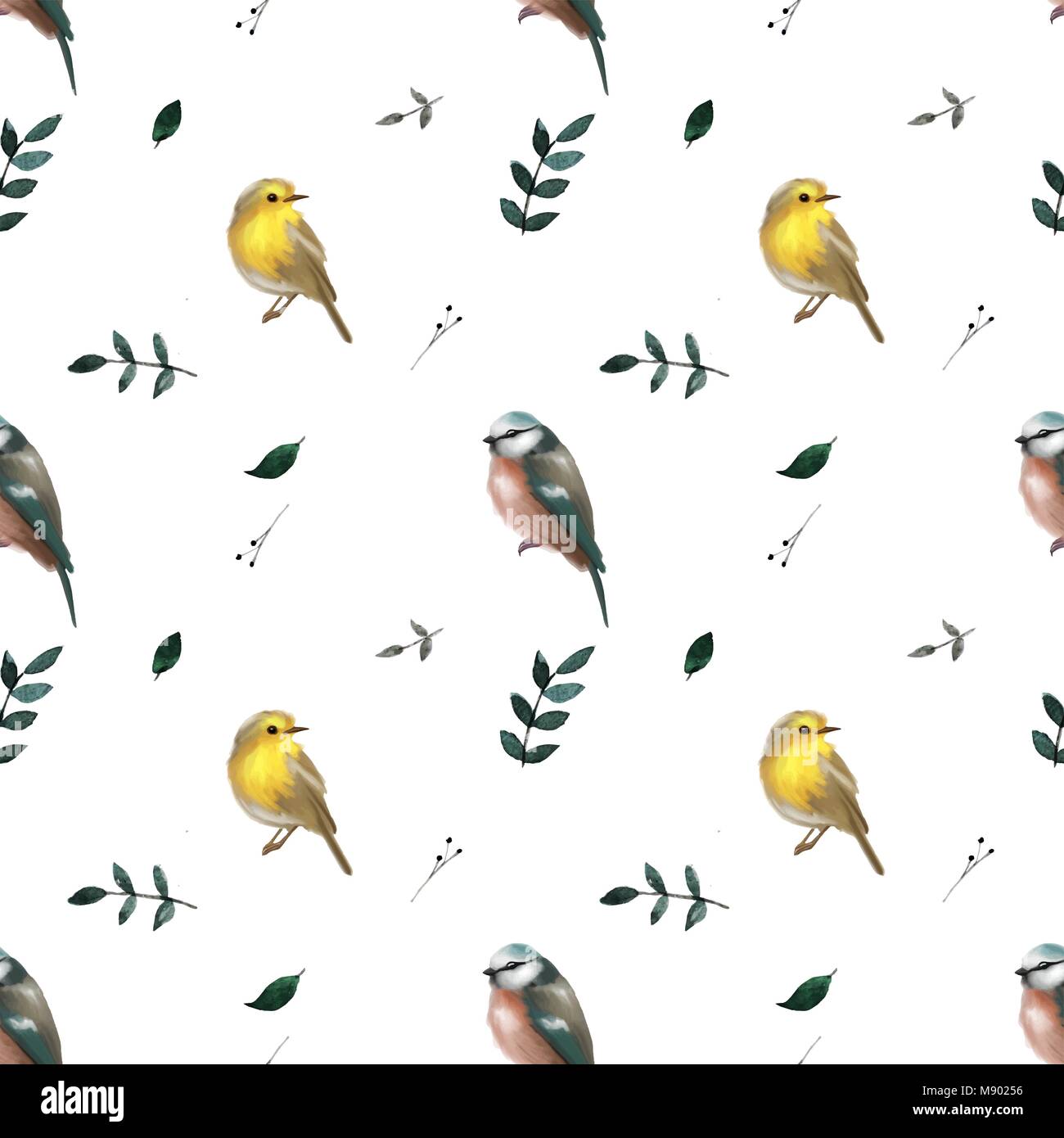 Nahtlose Muster mit Blättern und kleinen niedlichen Vögeln. Floral background. Vektor nahtlose Muster. Stock Vektor