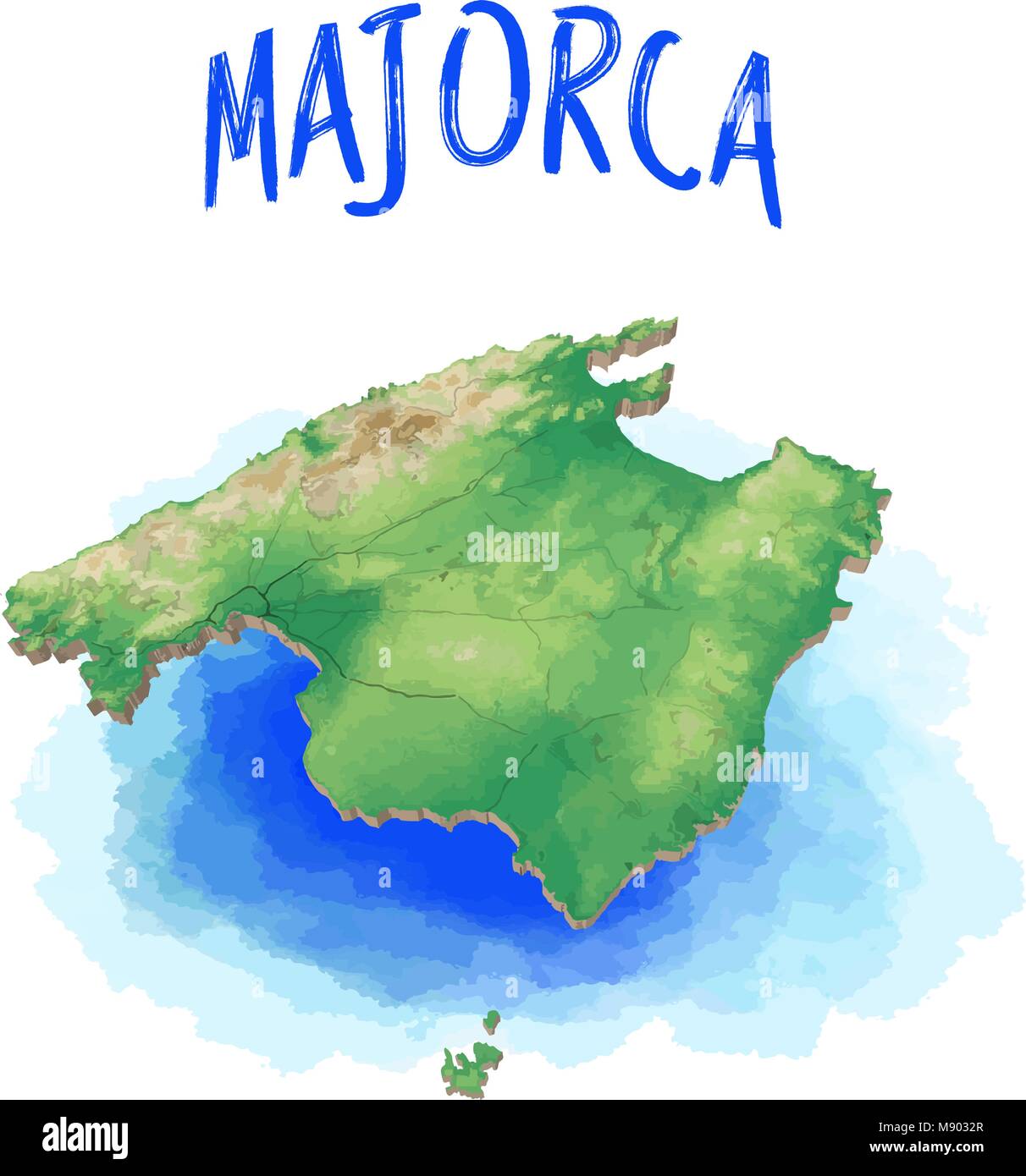 3D-Karte von Mallorca - Balearen - Spanien, Vector Illustration, topografische Version. Verwenden Sie für Travel Marketing und Print Produktion. Stock Vektor