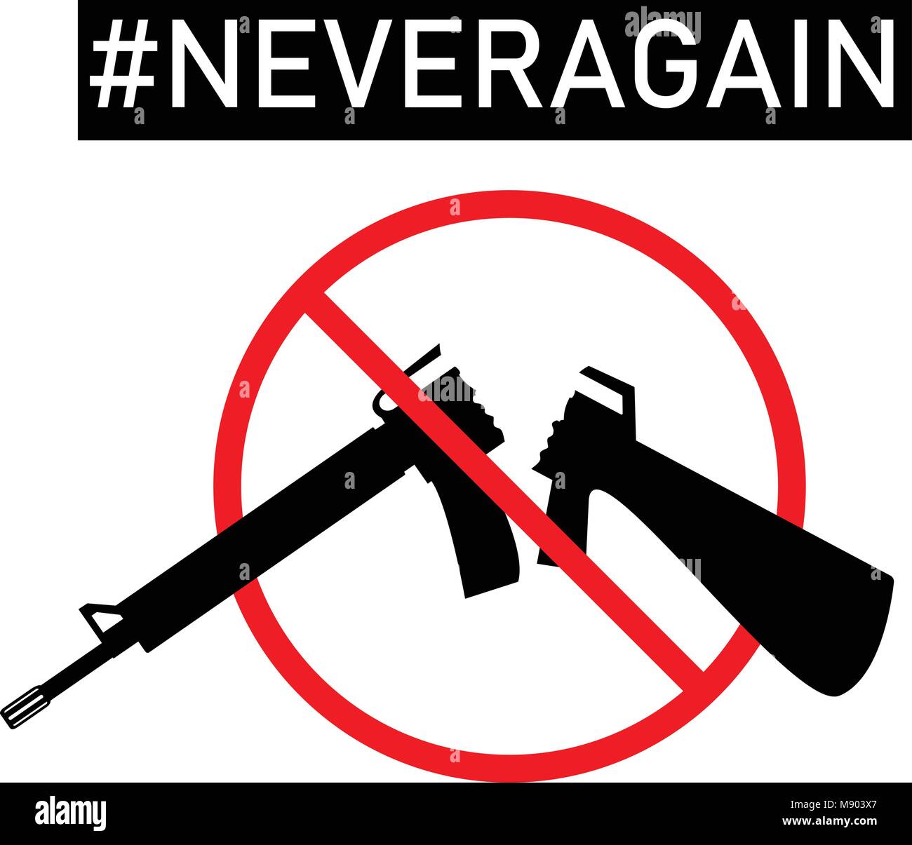 Silhouette der gebrochenen Sturmgewehr mit roten Schild über it und den Text #NEVERAGAIN darüber. Vector Illustration mit Weiß/transparenten Hintergrund. Stock Vektor