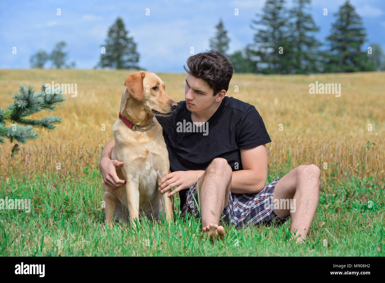Junger Mann mit seinem gelben Lab sitzen im Feld Stockfoto