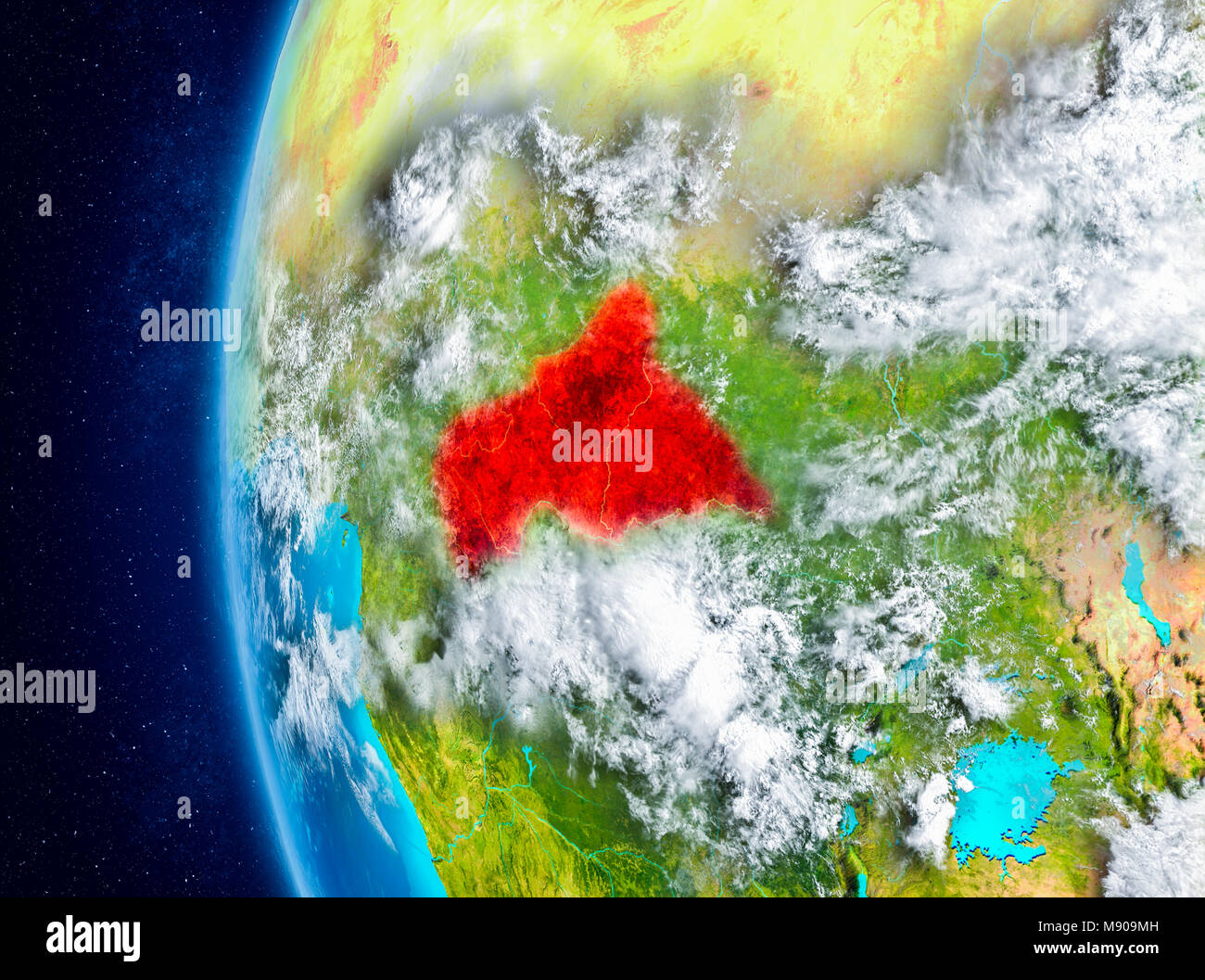 Karte von Zentral Afrika als aus dem Weltraum auf dem Planeten Erde mit Wolken und Atmosphäre gesehen. 3D-Darstellung. Elemente dieses Bild von der NASA eingerichtet. Stockfoto