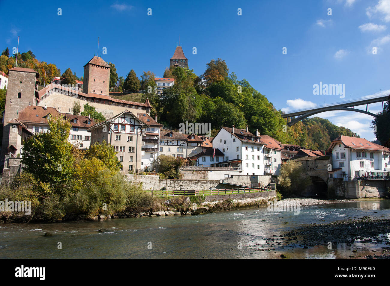 Panorama Freiburg mittelalterliche Stadt und der Fluss Glâne Stockfoto
