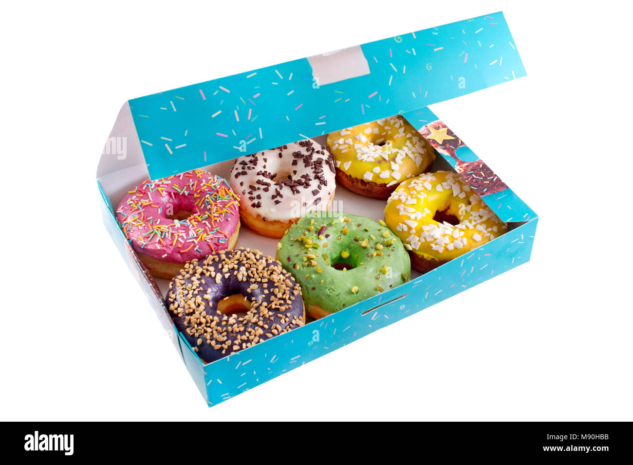 Farbige Donuts im blauen Feld Stockfoto