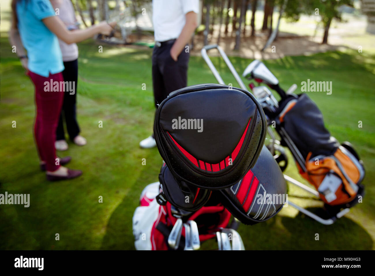 Golf Clubs in Fällen auf Rasen Stockfoto
